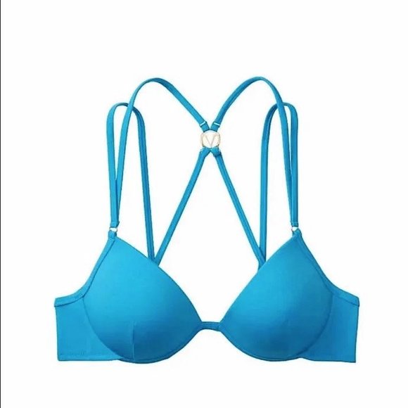 38C/L VICTORIA SECRET Push-Up Top Bikini Set Strappy Brazilian Bottom Blue - Picture 11 of 14